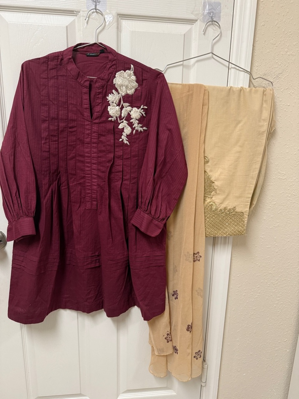 Cotton Embroidered Maroon Tunic with Beige scarf Set